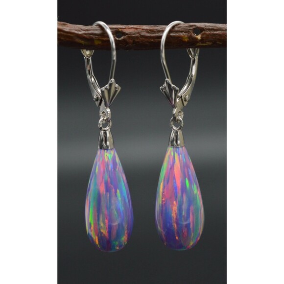 14K Solid White Gold Tear Drop Purple Fire Opal Lever back...